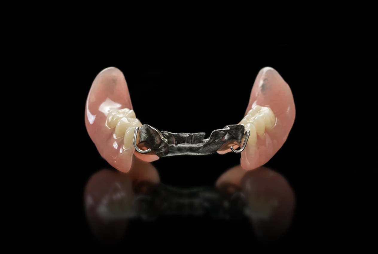 Lower partial denture with a metal framework on a black background