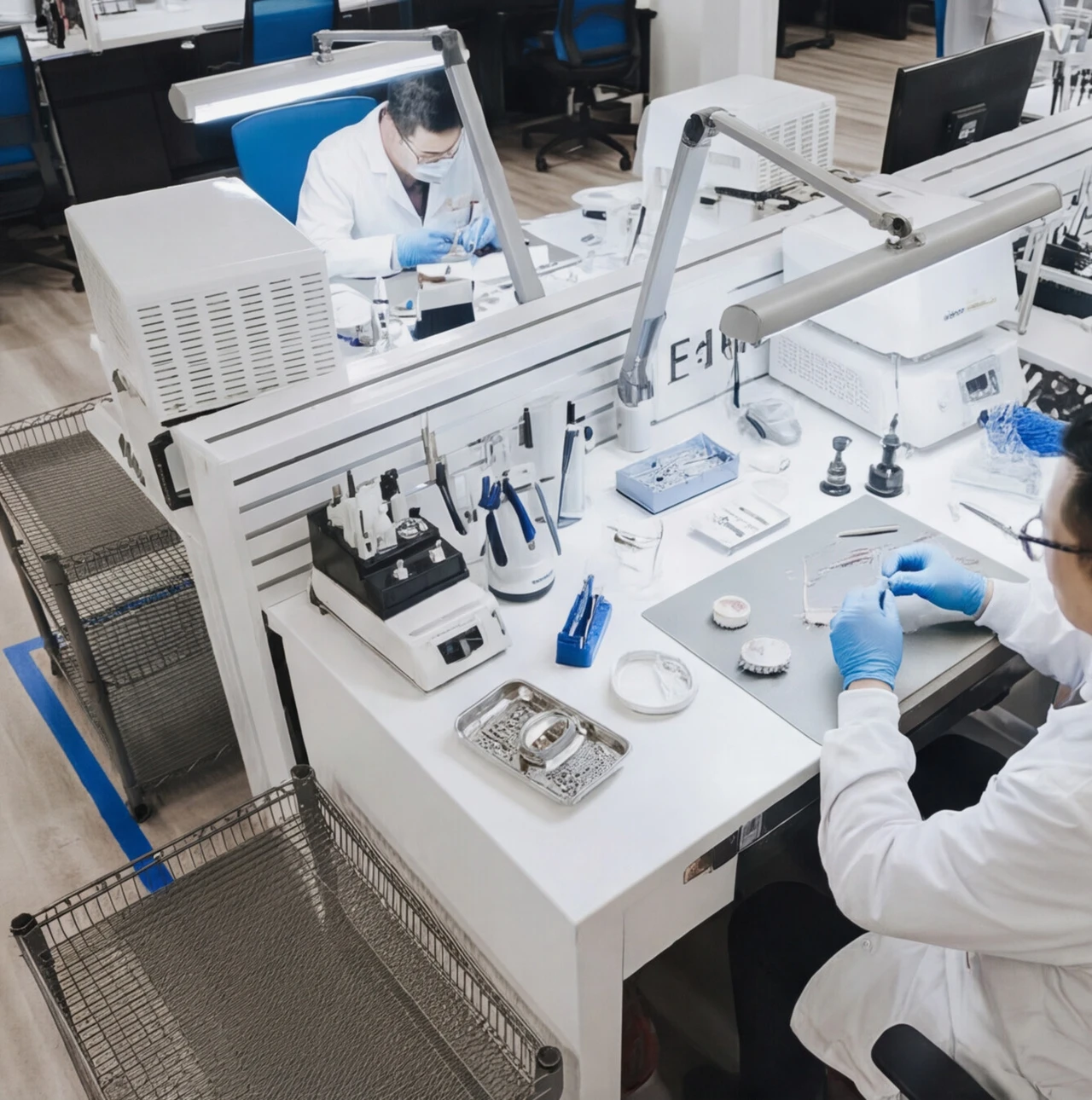 Dental technicians working at laboratory benches