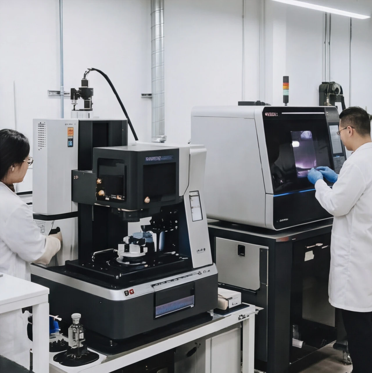 Two team members working together at dental manufacturing equipment