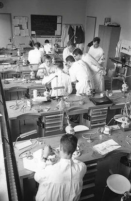 Technicians at work in a historic dental laboratory